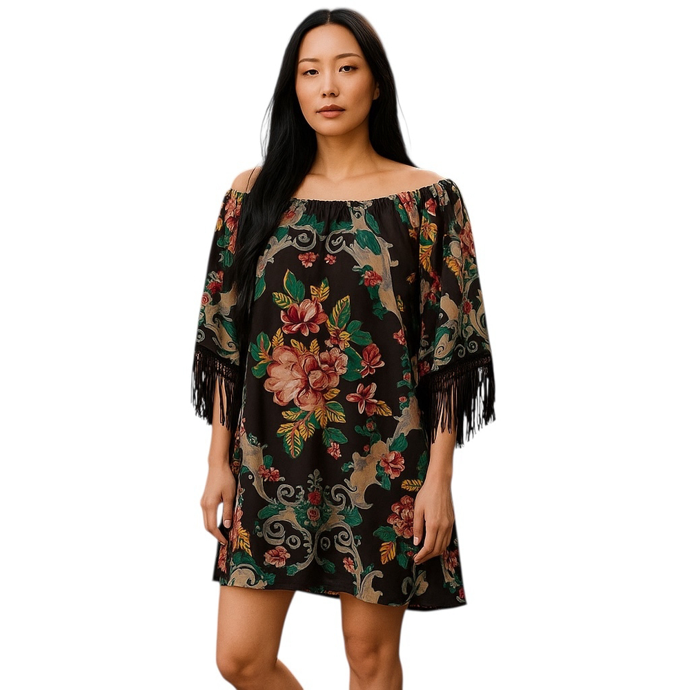 Uncle Frank Dress Small Floral Baroque Fringe Boho USA